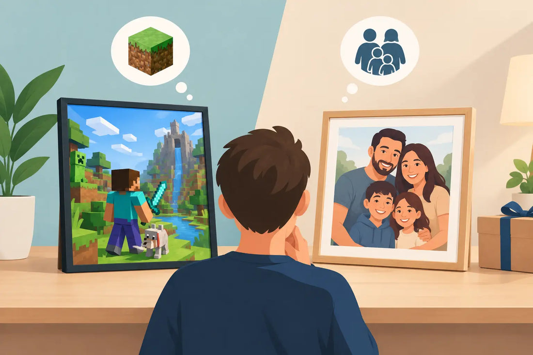 Minecraft oder Familienmotiv Geschenk wählen